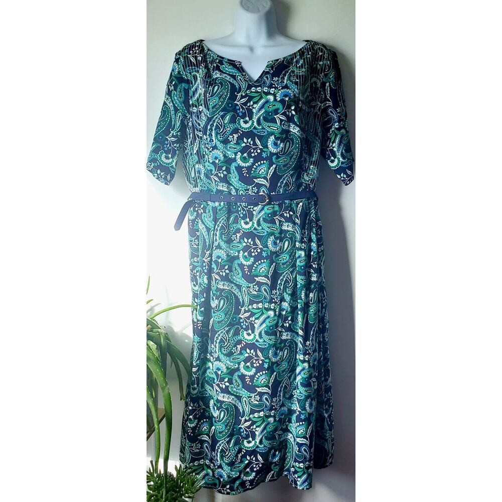 Eshakti Womens Navy Blue Paisley Short Sleeve Midi Dress Size 18 XL Preppy Boho